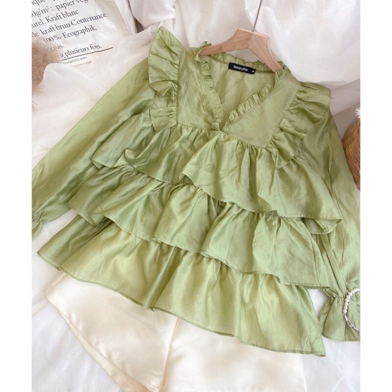 Set áo babydoll tơ đũi bèo tầng mix quần lụa đi chơi đi tiệc đi du lịch