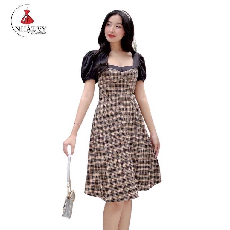 Đầm Nữ NHẬT VY Tay Phồng Cổ Vuông Họa Tiết Kẻ Ô Chất Mango Công Sở Dáng Xòe Màu Nâu, Đen - D1991
