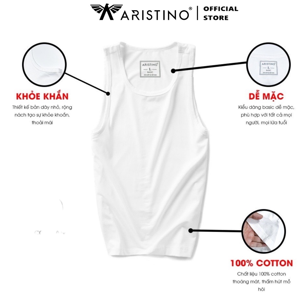 Áo Ba Lỗ Nam Aristino Thun 3 Lỗ Trắng Trơn Lót trong Sơ Mi 100% Cotton Mềm Mịn Co Giãn Siêu Thấm Mồ Hôi Áo Tank top AC21