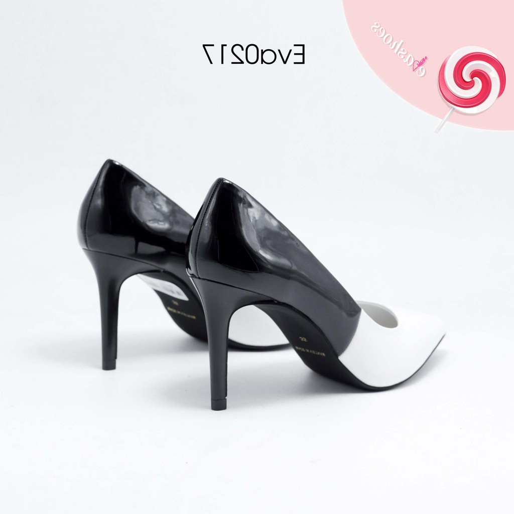 Giày Cao Gót Nữ Đen Trắng Mũi Nhọn Da Bóng Cao 7Cm Evashoes - EVA0217
