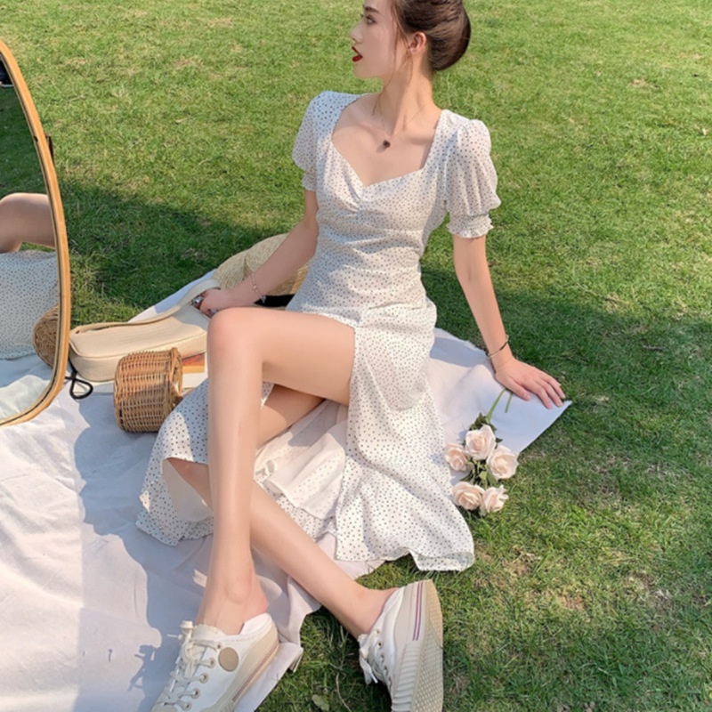 Đầm Dáng Ôm Xẻ Tà Họa Tiết Chấm Bi Phong Cách Pháp Thời Trang Mùa Hè Hàng Mới 2022