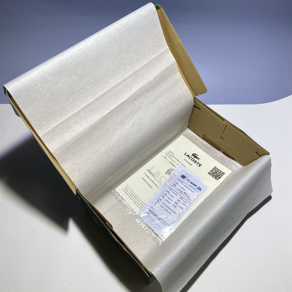 Hộp giấy carton Lacoste đựng giày dép quần áo mũ nón gói quà đóng hàng giá rẻ kèm bill thẻ giấy lụa nhật