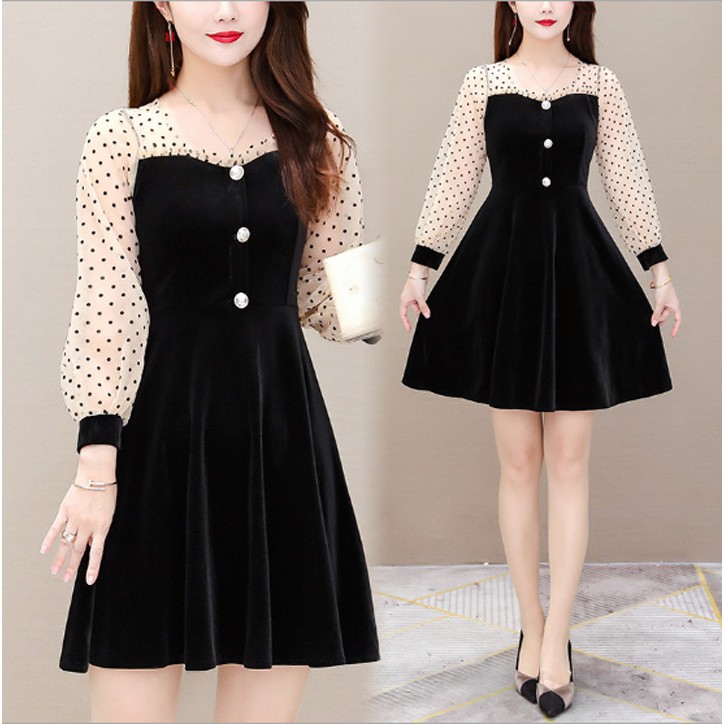 Váy nhung tay voan phối cúc siêu xinh