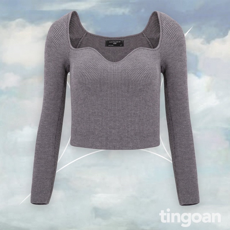 TINGOAN® - Áo len xù dài tay cổ lượn viền xám tingoan TIFFANY TOP/GR vải mới nhất t5.2023