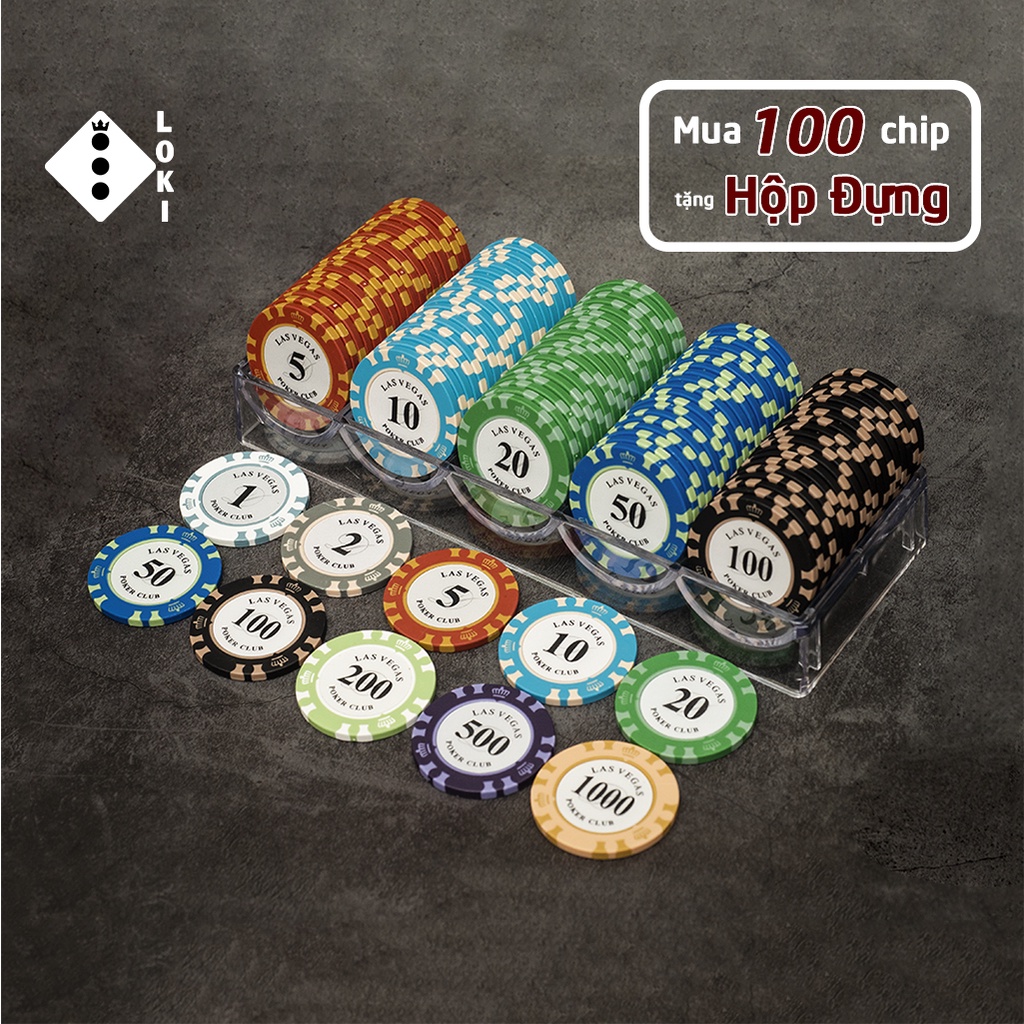 Chip phỉnh Poker Las Vegas dòng vương miện có số chất nhựa cao cấp tặng hộp đựng khi mua 100 phỉnh c