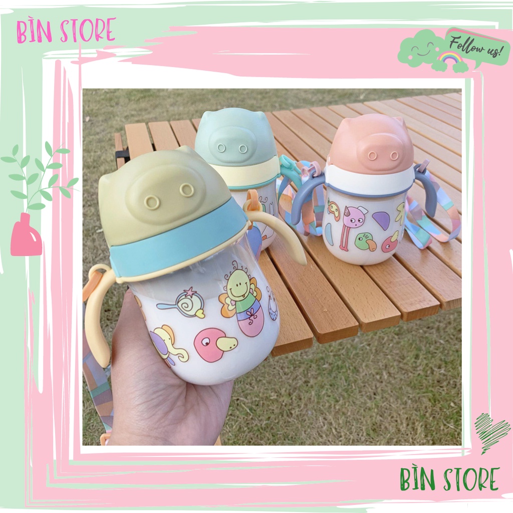 Bình tập uống nước cho bé tập hút hình chú Heo với van chống sặc kèm theo dây đeo dễ thương BÌN STORE
