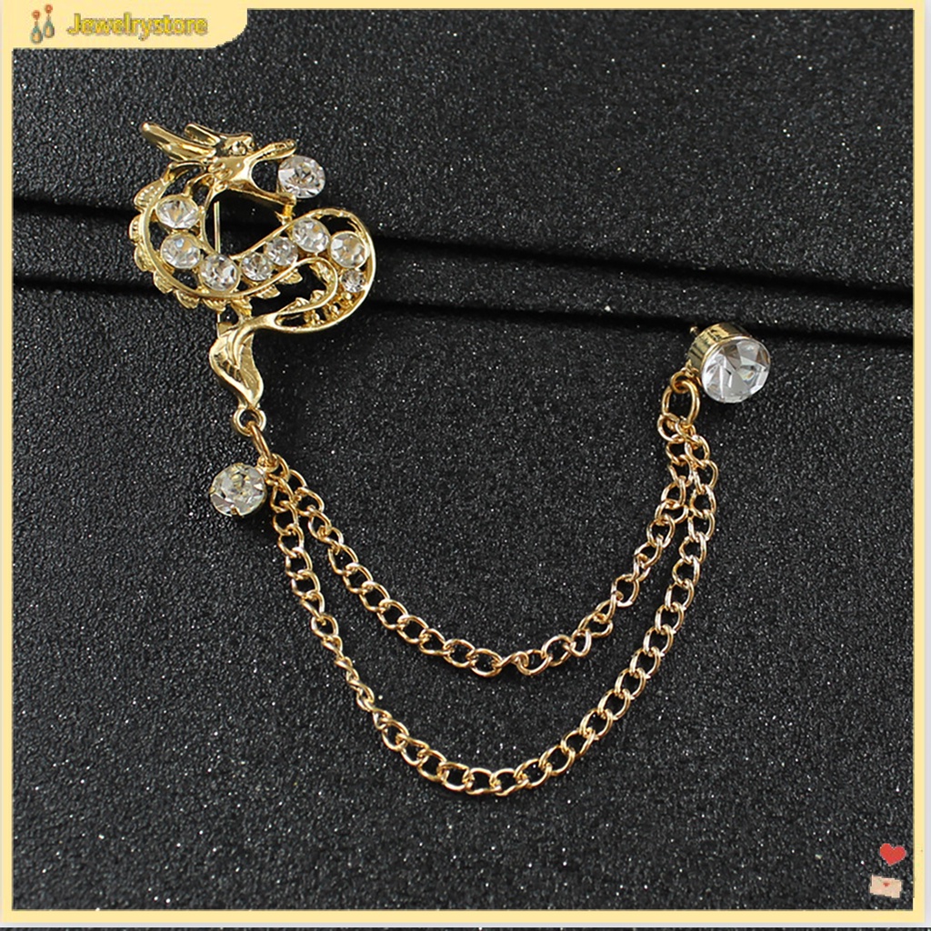 Ghim cài áo hình rồng đính đá phối dây xích phong cách Trung Hoa