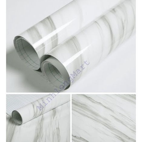 Decal giấy dán tường giả đá hoa cương vân trắng khổ 0.6m keo sẵn
