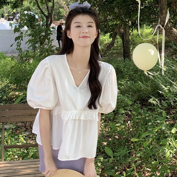 Áo Sơ Mi Tay Ngắn Phồng Cổ Chữ V Thời Trang Dành Cho Nữ