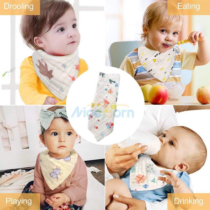 Set 5 yếm ăn 100% Cotton mềm mại thấm hút tốt 6 lớp cho bé