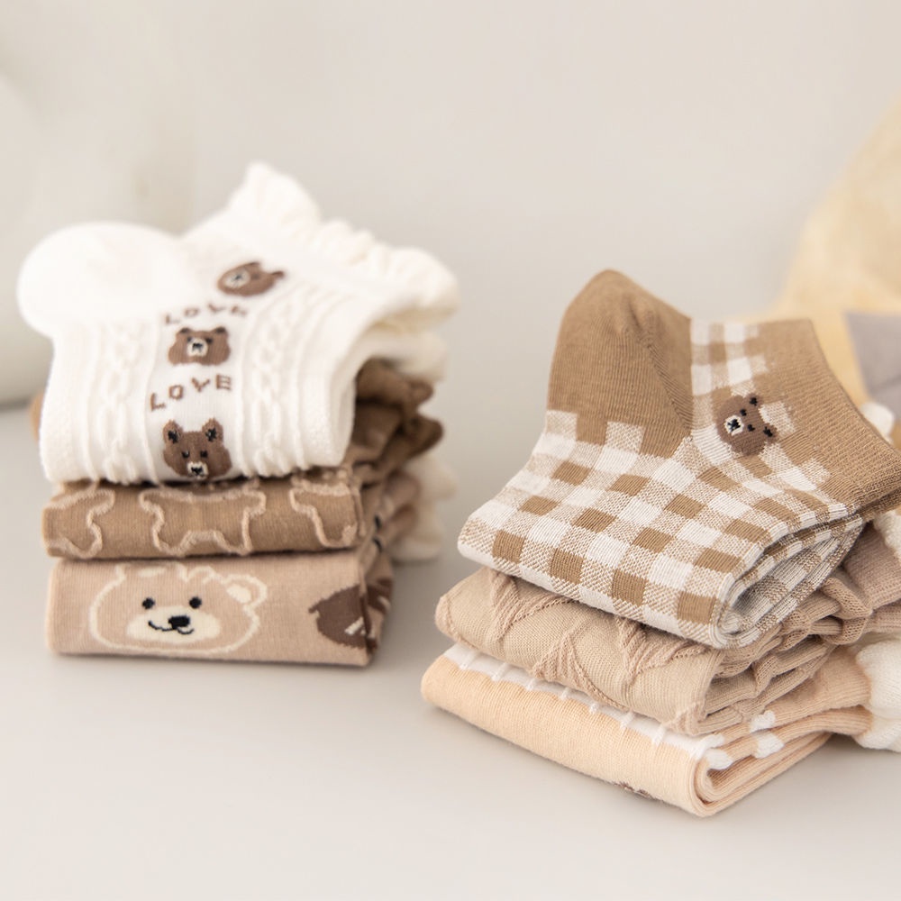 Tất Vớ Nữ Cổ Ngắn Gấu, Vớ Nữ Màu Nâu Nhún Bèo Cotton Dễ Thương - Subo Shop