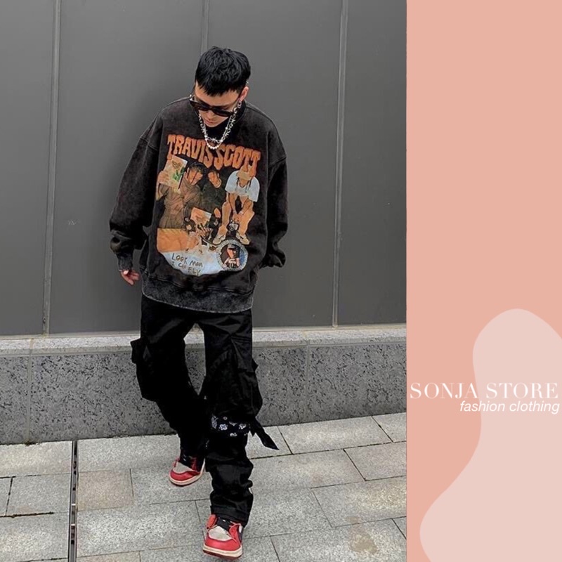 Áo sweater form rộng TRAVIS SCOTT Sonja Store - Áo nỉ tay dài dáng rộng cổ loang in chữ Travis scott | BigBuy360 - bigbuy360.vn