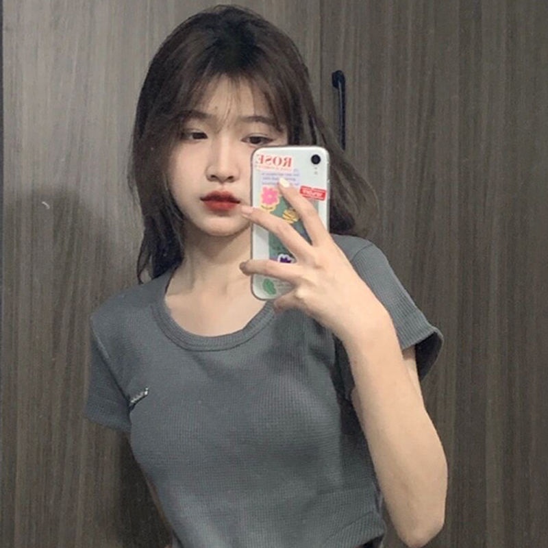 Áo Thun Nữ Ngắn Tay Cổ Chữ U Vạt Lệch Thời Trang