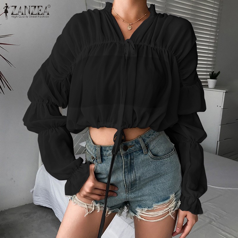 Áo kiểu ZANZEA tay phồng dài xếp ly cổ đứng phối dây rút thời trang cho nữ