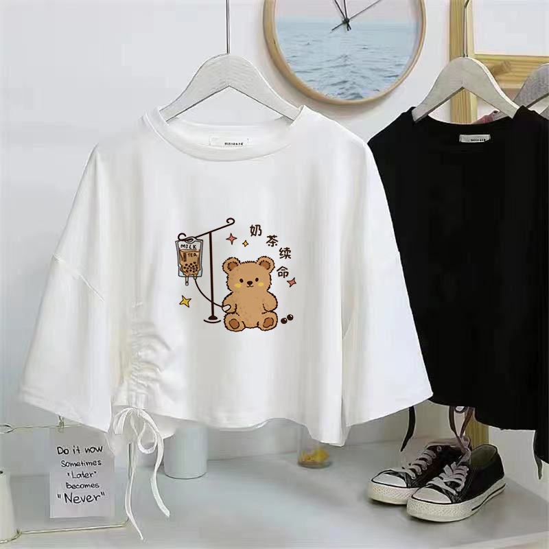 Áo Thun Tay Ngắn Dáng Rộng Phối Dây Rút Phong Cách Hàn Quốc Thời Trang Mùa Hè Năng Động