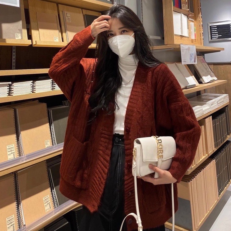 Áo Cardigan Len Dáng Dài Vặn Thừng Form Rộng Vintage