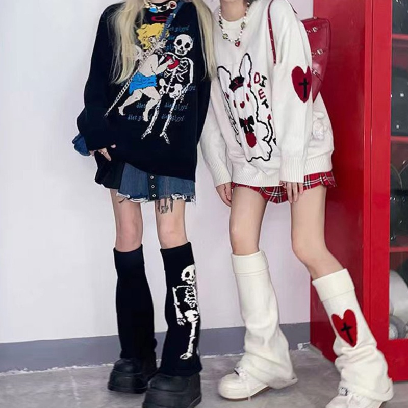 Brroa Vớ Dệt Kim Giữ Ấm Chân Phong Cách Gothic Punk Nhật Bản Harajuku Cho Nữ Đầu Lâu Trái Tim Đầu Lâu Đồng Phục Jk St