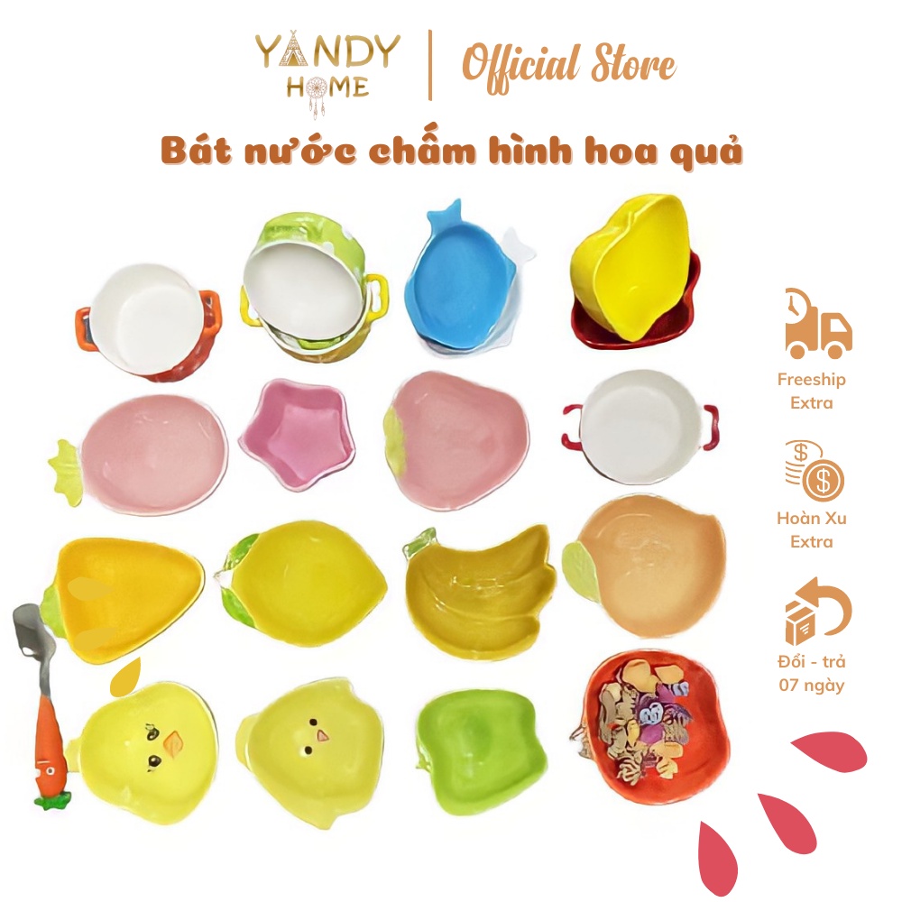 Bát chén dĩa nước chấm gia vị YANDY HOME B01 ăn dặm cho bé bằng gốm sứ men đẹp bóng hình quả con vật nồi niêu