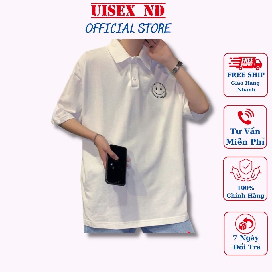 Áo Polo form rộng nam nữ in hình mặt cười, kiểu dáng unisex oversize, phong cách thời thượng, chất cotton cao cấp