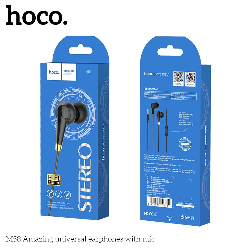Tai nghe nhét tai HOCO M58 phích cắm 3.5mm dài 1.2m với dây TPE đàn hồi cao