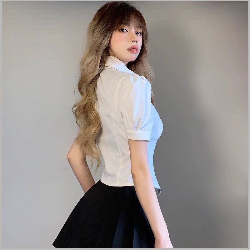 Áo sơ mi tay phồng thắt eo croptop mùa hè