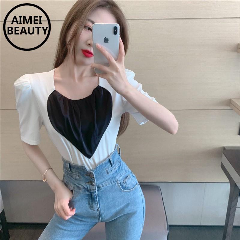 Áo Thun Nữ Tay Ngắn Cổ Vuông Phối Màu Thời Trang