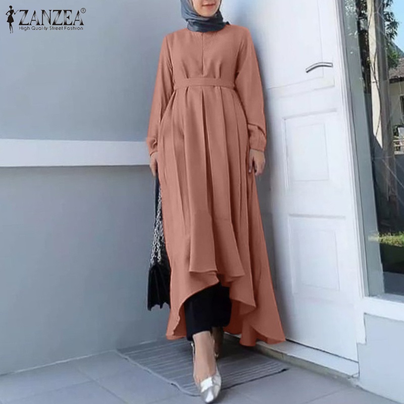 Đầm maxi ZANZEA tay dài cổ tròn màu trơn thời trang cho nữ