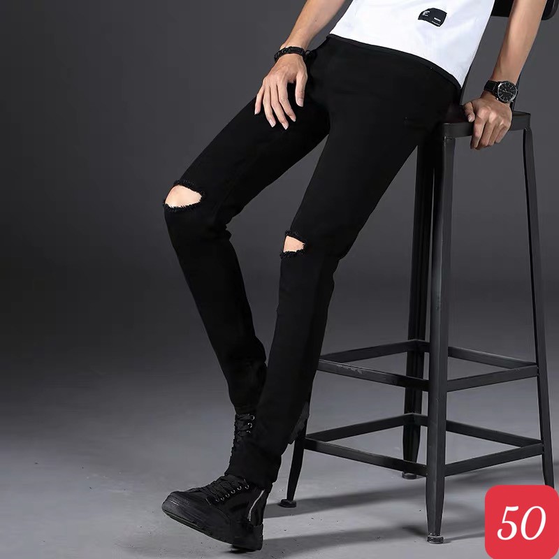 Quần jean nam đen rách gối chất liệu bò cao cấp, quần bò nam đep rách đẹp ALEN07 Nhiều Mẫu Mới