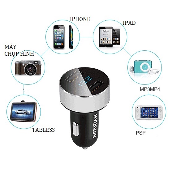 Tẩu sạc chính hãng hyundai cho ô tô HY36 có 2 cổng cắm USB sạc nhanh siêu tốc.