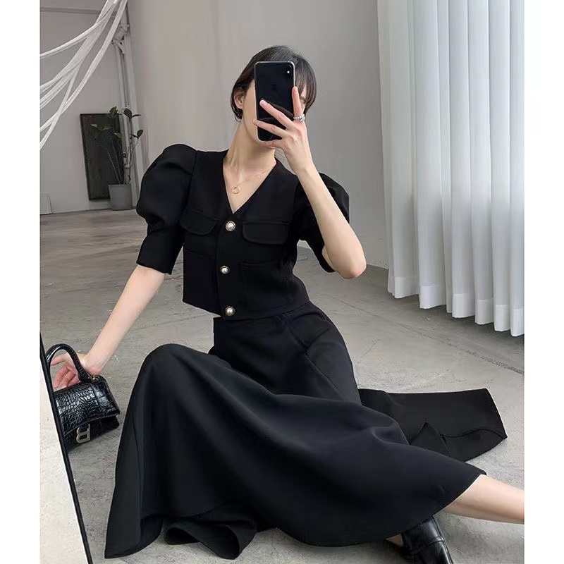 Set Áo Tay Ngắn Phồng Kèm Chân Váy Dài 2 Món Phong Cách Hàn Quốc Mới