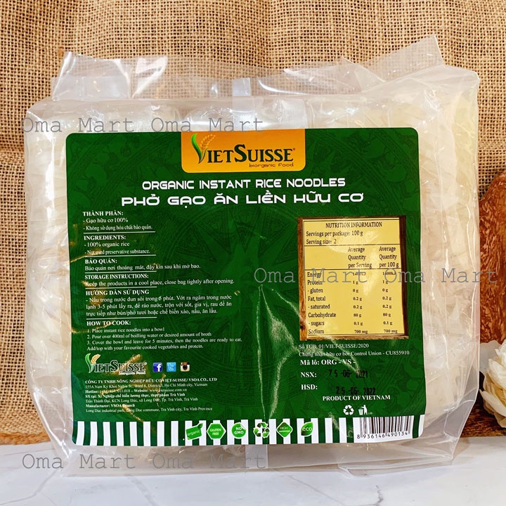 Phở gạo trắng ăn liền hữu cơ Vietsuisse (60g x 15g)