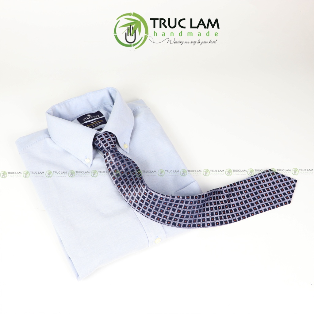 Cà Vạt Lụa 8cm Cho Nam Cao Cấp Họa Tiết Chấm Vuông Xanh Bạc Sang Trọng MS6 - Trúc Lâm Handmade