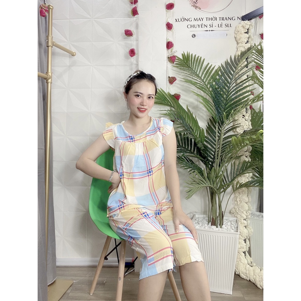 Đồ bộ lanh  mặc nhà, quần lửng tay cánh tiên, họa tiết caro  - TL59