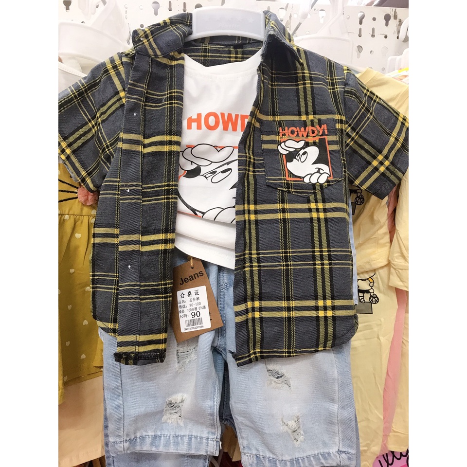 Set Bộ 3 Món Áo Thun Quần Jean Áo Khoác Caro Bé Trai 8-20kg