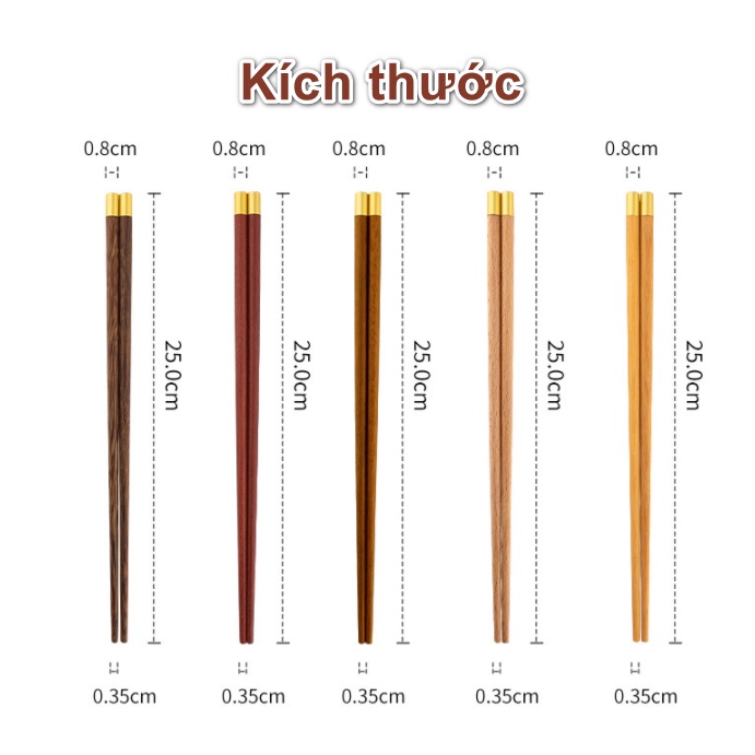 Bộ 5 đôi đũa gỗ nhiều màu đuôi họa tiết mạ vàng T24