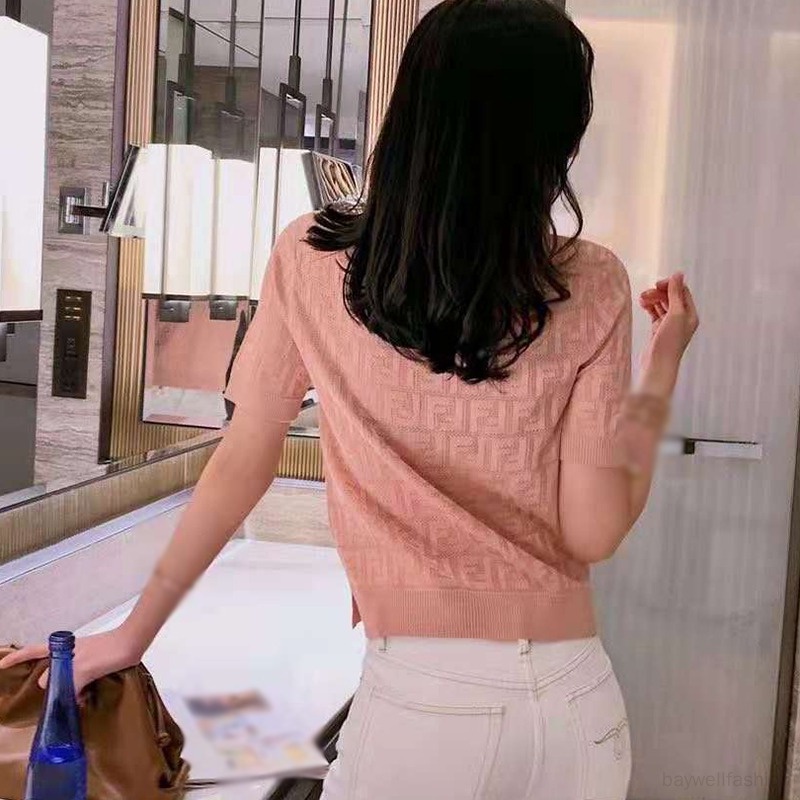 Áo Thun Dệt Kim Tay Ngắn Cổ Tròn Màu Sắc Đơn Giản Cho Nữ