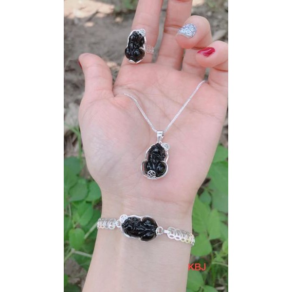 Bộ trang sức bạc thật mặt đá tỳ hưu phong thuỷ 3 món dây chuyền lắc tay nhẫn