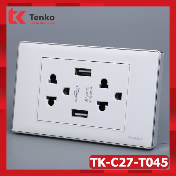 Ổ Điện Đôi 3 Chấu Âm Tường Tích Hợp 2 Cổng USB Sạc Nhanh 5V 2100mAh Âm Tường Màu Trắng TENKO TK-C27-T045
