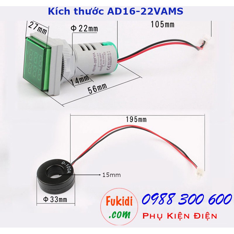 Đồng hồ đo hai trong một vôn kế 50-500VAC và Ampe kế tầm đo tới 100A - AD16-22VAMS