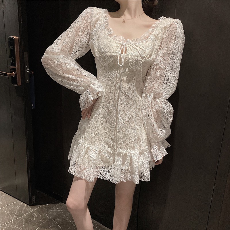 (Sẵn M) M65 - Đầm ren tiểu thư Ulzzang tay bồng thắt nơ ngực viền bèo siêu xinh