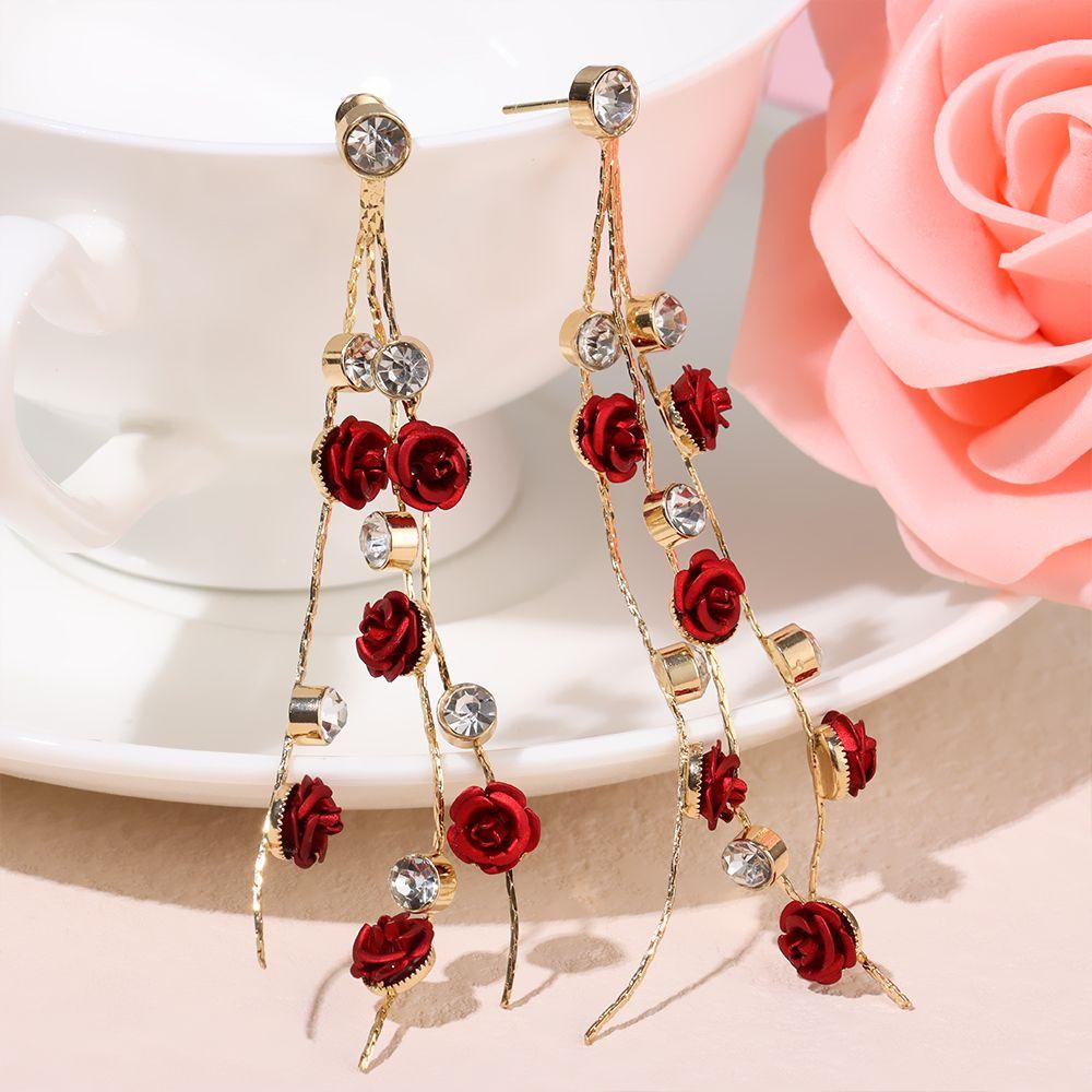 Bông Tai Dáng Dài Đính Hoa Hồng Tím Lấp Lánh Thời Trang Dự Tiệc Cưới