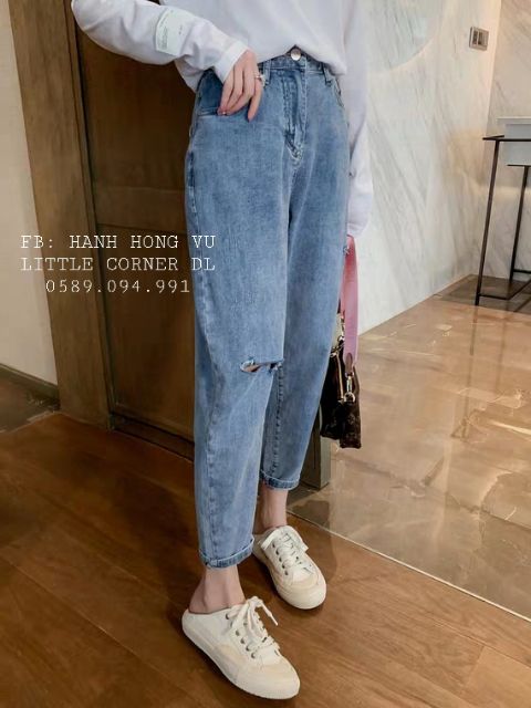 Quần slim baggy jeans rách gối hai nút sườn bên ver.3 form ulzzang kèm ảnh thật hàng sẵn