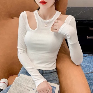 Áo kiểu thun tay dài croptop phối xẻ vai cho nữ