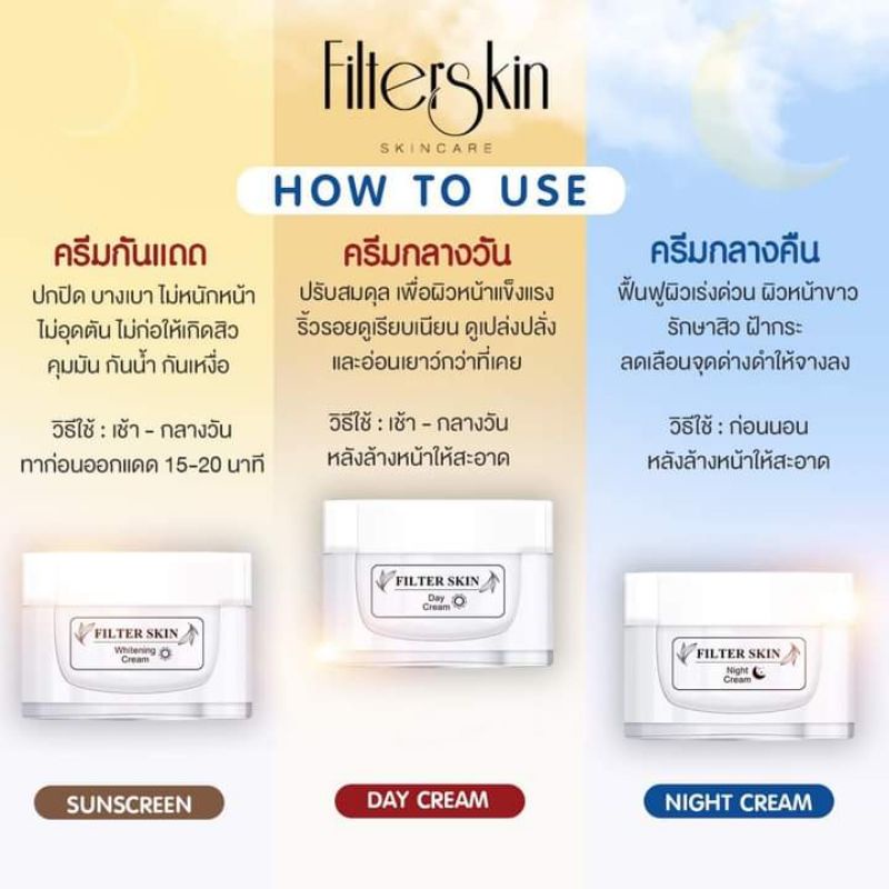Bộ kem trắng da Filter Skin bộ 3 hộp : kem chống nắng , kem ban ngày , ban đêm.