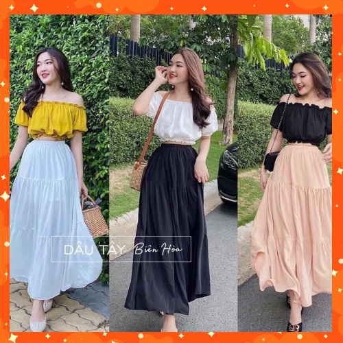 Sét Áo Voan Lụa Croptop Bẹc Vai Phối Chân Váy Suông Dài Tâng Kèm Lót Thun Sang Chảnh AN HI