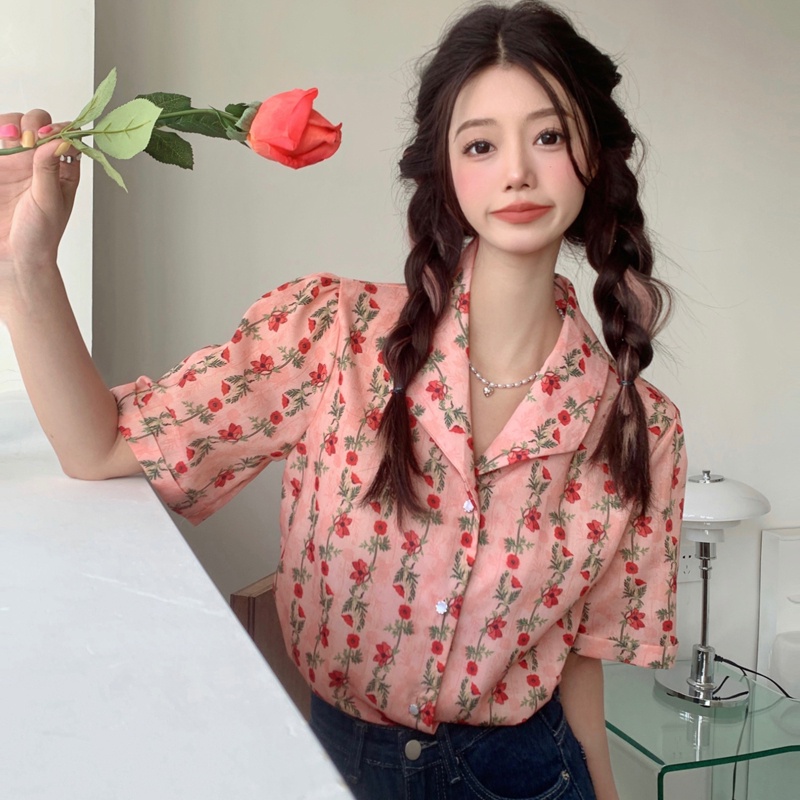 Áo sơ mi SUXI ngắn tay họa tiết hoa vintage cho nữ
