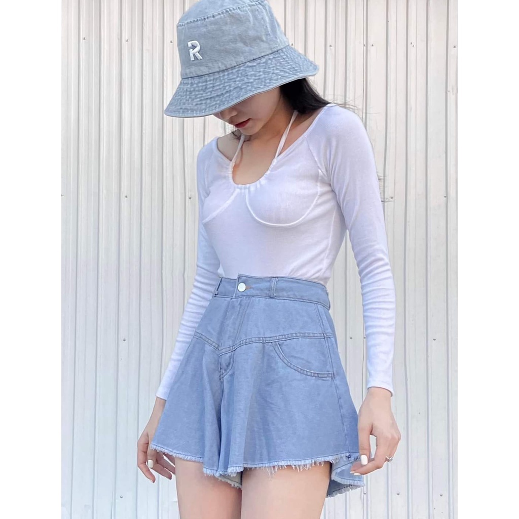 Áo trễ vai tay dài nữ kiểu dáng croptop ôm body khoe xương quai xanh chất thun gân co dãn - AO0151