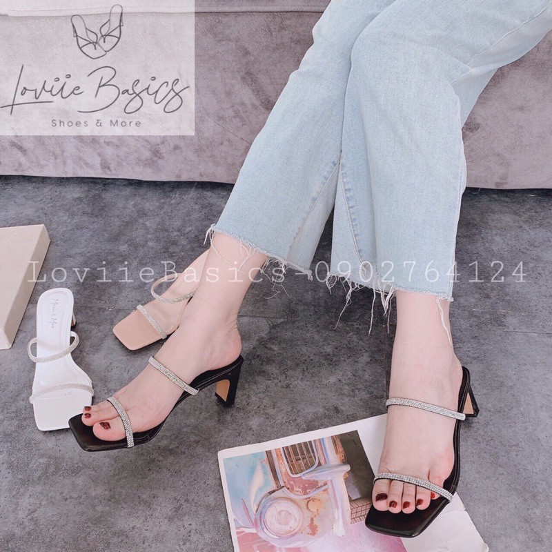 LOVIIE BASICS - DÉP NỮ CAO GÓT THỜI TRANG HAI QUAI NGANG  MÃNH ĐÍNH ĐÁ GÓT DẸP 5 PHÂN - BA MÀU TRẮNG ĐEN KEM - D210109