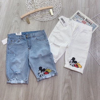 Quần ngố jeans rách thêu mikey