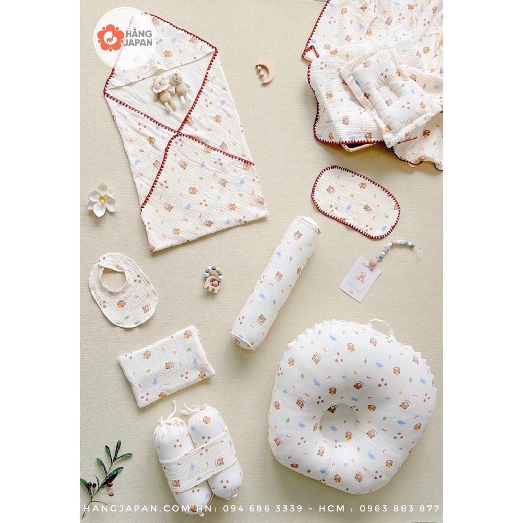 Full set 7 món vải xô Muslin chần bông họa tiết  MOCHEE cao cấp, mềm mại, mỏng nhẹ và ko bị nóng bí lưng cho bé